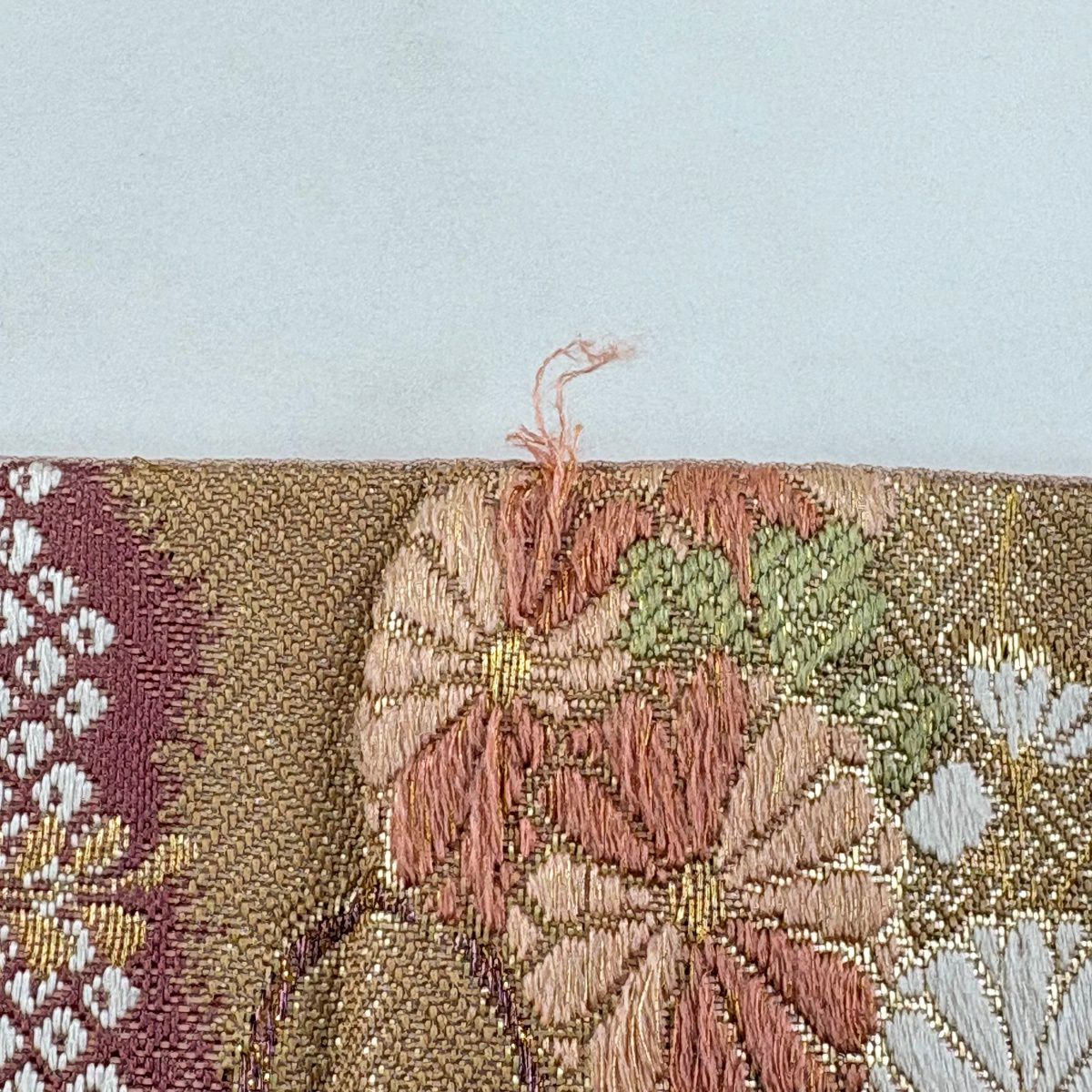 袋帶 秀品級 鼓 菊花 刺繡 金絲 淺紫 六通 純蠶絲