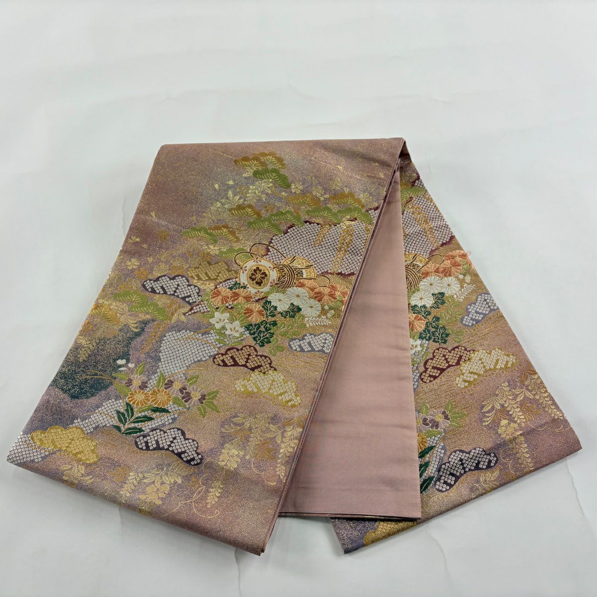 袋帶 秀品級 鼓 菊花 刺繡 金絲 淺紫 六通 純蠶絲