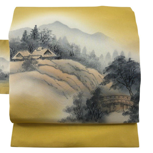 名古屋帶 秀品級 風景 家屋 芥末色 純蠶絲