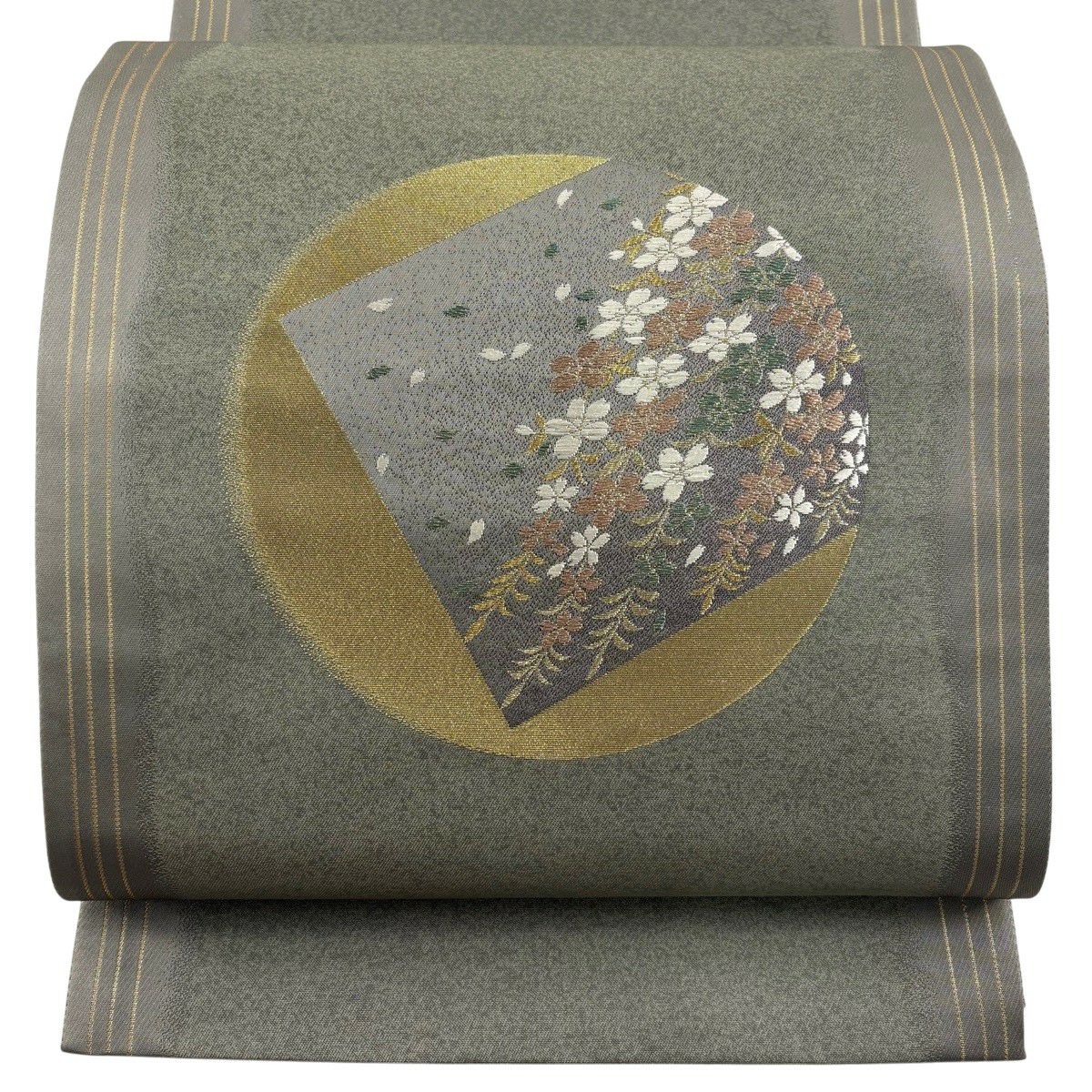 【美品】 袋帶 秀品級 圓窗的想念 垂枝櫻花 花瓣 刺繡 金銀彩 灰綠 六通 純蠶絲
