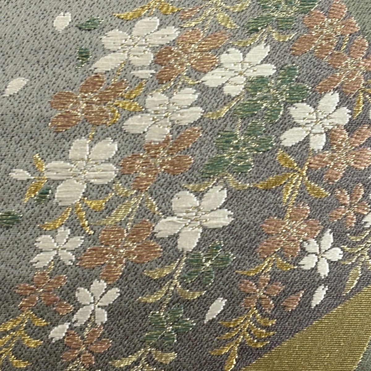 【美品】 袋帶 秀品級 圓窗的想念 垂枝櫻花 花瓣 刺繡 金銀彩 灰綠 六通 純蠶絲