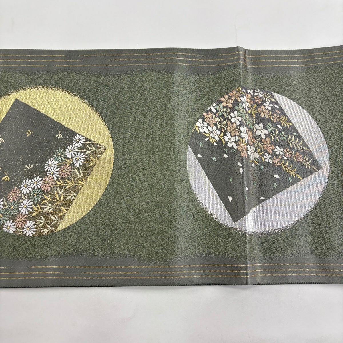 【美品】 袋帶 秀品級 圓窗的想念 垂枝櫻花 花瓣 刺繡 金銀彩 灰綠 六通 純蠶絲
