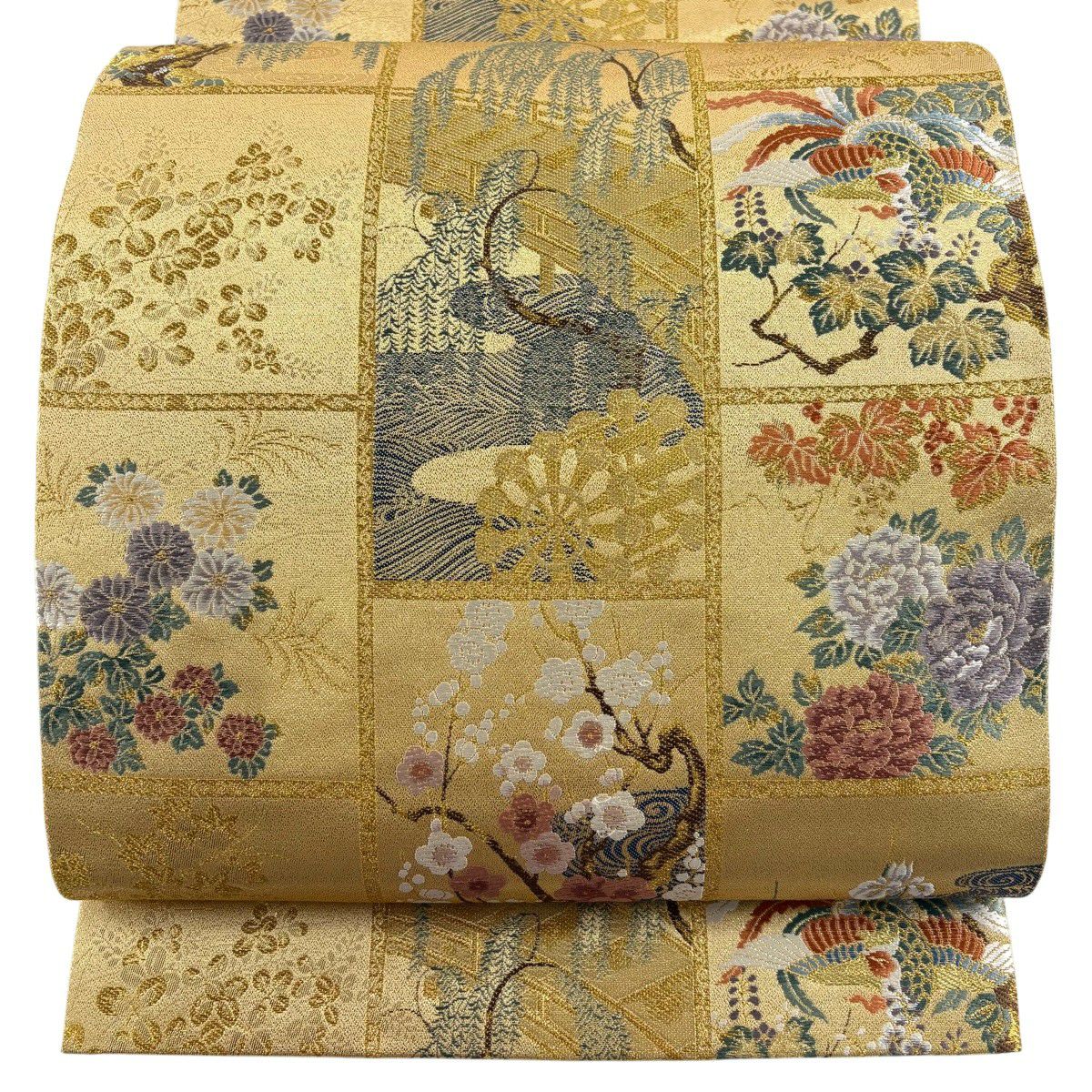【美品】 袋帶 秀品級 琳派清榮 枝梅花 花鳥 刺繡 金絲 金 六通 純蠶絲