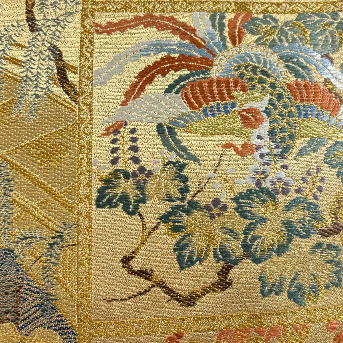 【美品】 袋帶 秀品級 琳派清榮 枝梅花 花鳥 刺繡 金絲 金 六通 純蠶絲