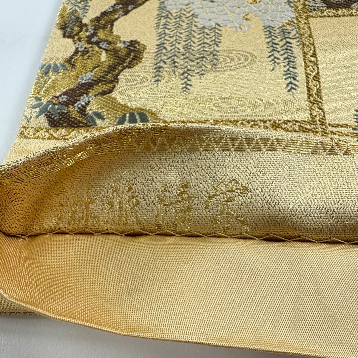 【美品】 袋帶 秀品級 琳派清榮 枝梅花 花鳥 刺繡 金絲 金 六通 純蠶絲