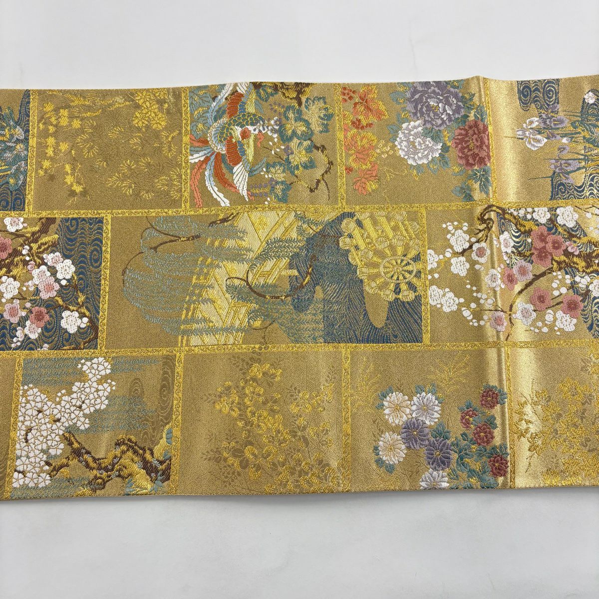 【美品】 袋帶 秀品級 琳派清榮 枝梅花 花鳥 刺繡 金絲 金 六通 純蠶絲