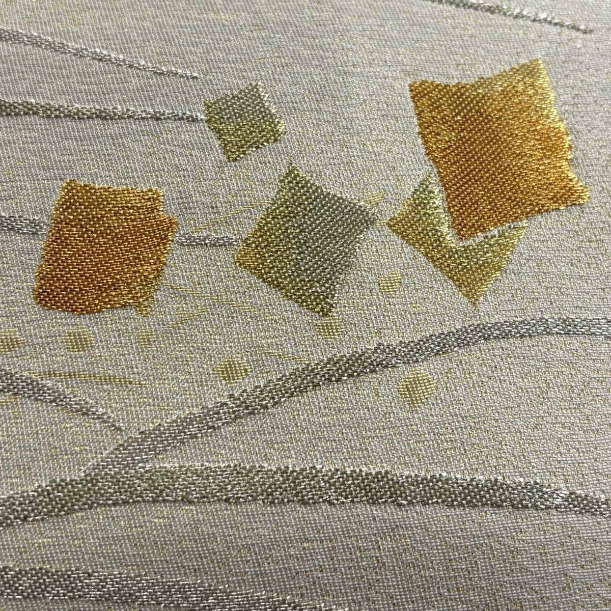 【美品】 袋帶 秀品級 落款あり 金金箔散布 波紋 金銀線 金金箔 灰色 六通 純蠶絲