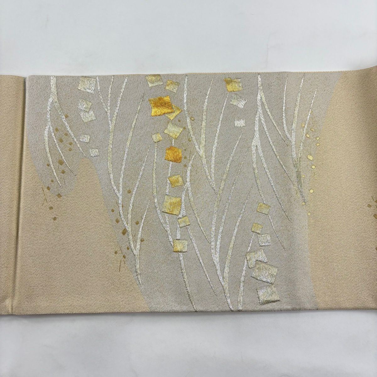 【美品】 袋帶 秀品級 落款あり 金金箔散布 波紋 金銀線 金金箔 灰色 六通 純蠶絲