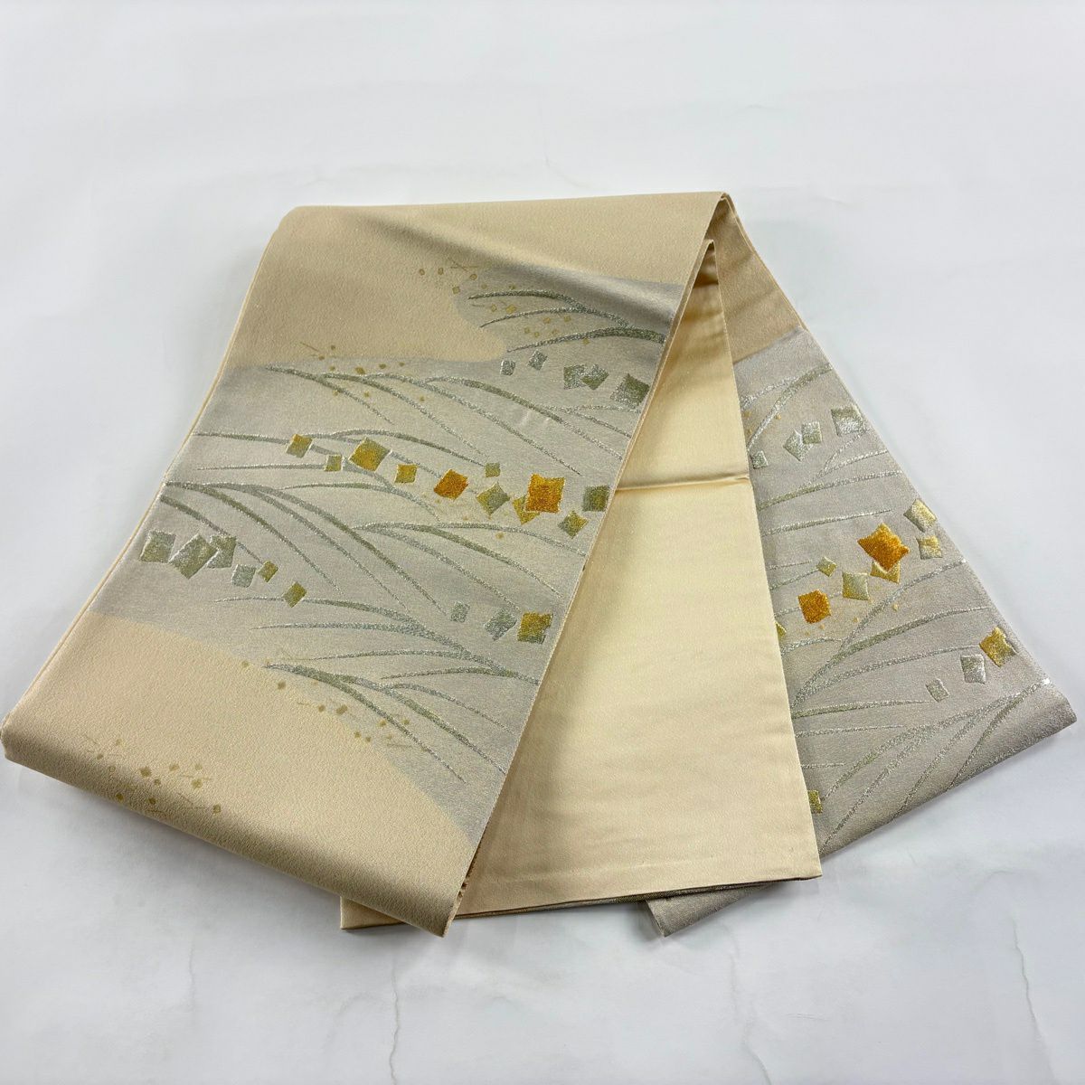 【美品】 袋帶 秀品級 落款あり 金金箔散布 波紋 金銀線 金金箔 灰色 六通 純蠶絲