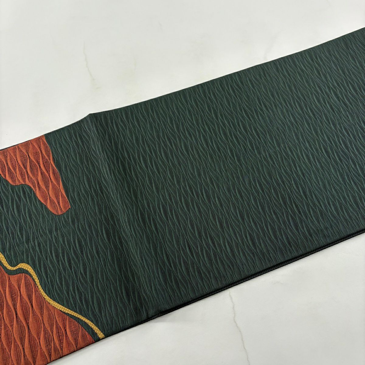 【美品】 袋帶 秀品級 幾何圖案 深綠 六通 純蠶絲