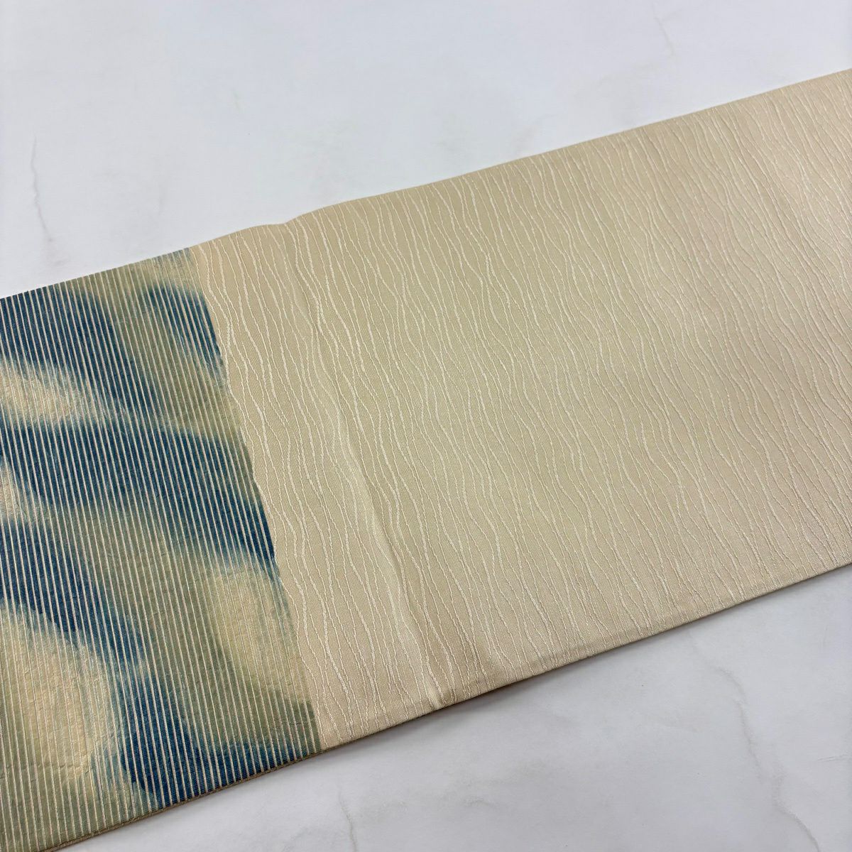 【美品】 袋帶 秀品級 幾何圖案 金絲 青綠 六通 純蠶絲