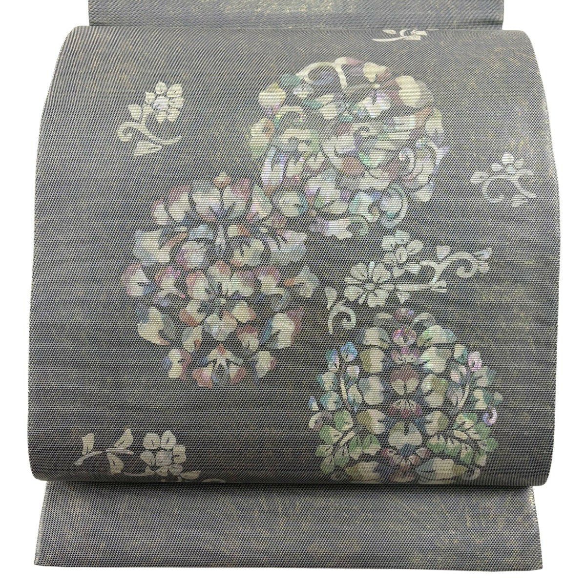 【美品】 袋帶 秀品級 鳥 草花紋 螺鈿金金箔 黑灰 お太鼓圖案 純蠶絲