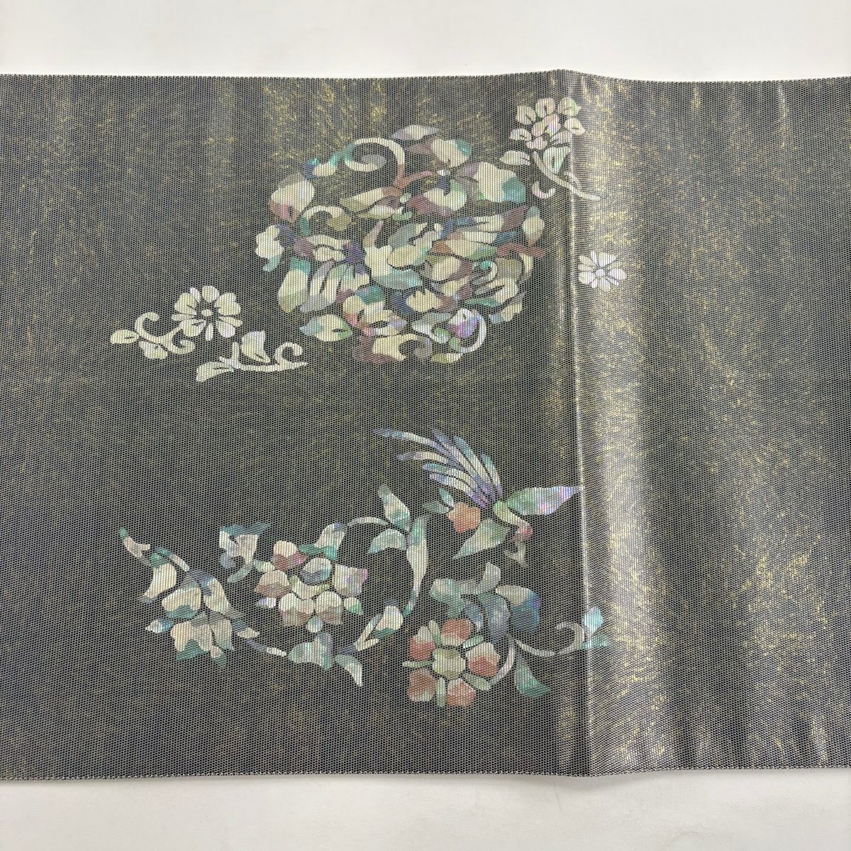 【美品】 袋帶 秀品級 鳥 草花紋 螺鈿金金箔 黑灰 お太鼓圖案 純蠶絲