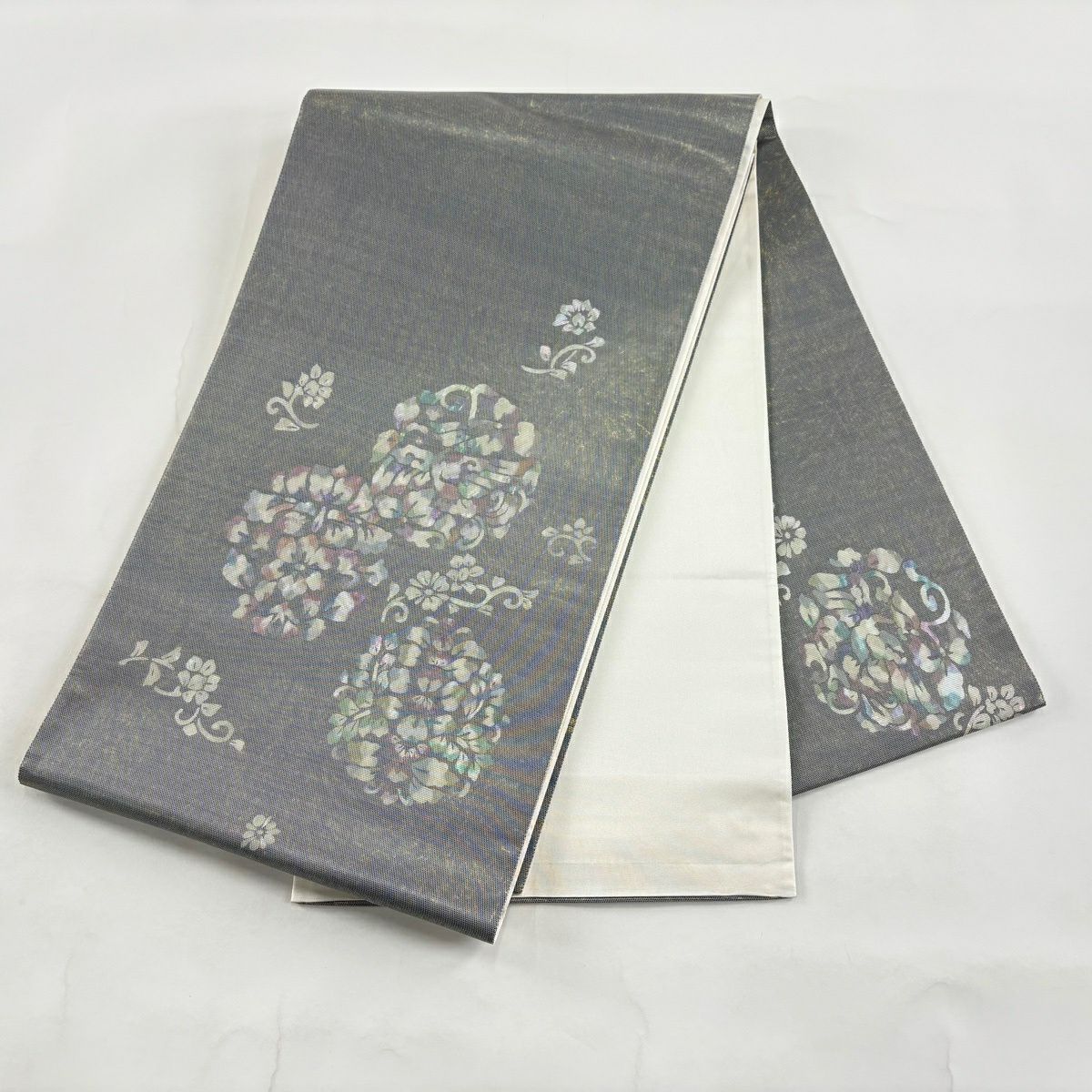 【美品】 袋帶 秀品級 鳥 草花紋 螺鈿金金箔 黑灰 お太鼓圖案 純蠶絲