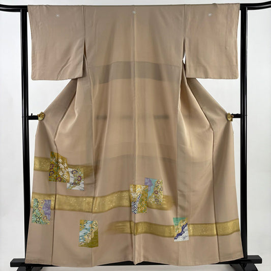 色留袖禮服 身長157.5cm 袖長63cm S 雙層 色紙 枝梅花 金銀彩 漸層 米色 純蠶絲 優品級 三つ紋