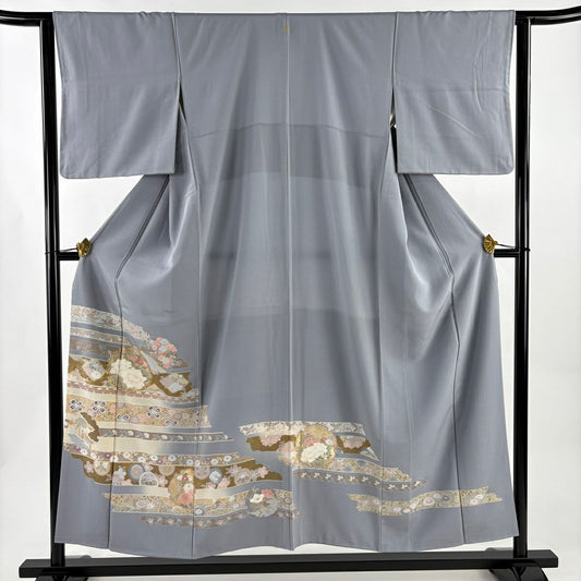 色留袖禮服 身長153.5cm 袖長62.5cm S 雙層 雪輪 草花紋 金絲 金銀彩 青灰 純蠶絲 秀品級 一個紋