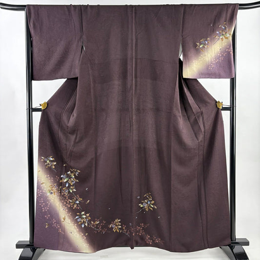 付下 身長159cm 袖長67cm M 雙層 葉與果實 萩 金銀彩 染分 茶紫 純蠶絲 優品級