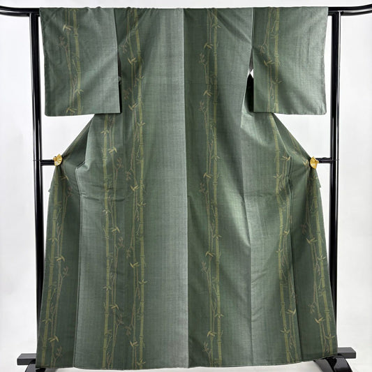 【美品】 紬織 身長163cm 袖長62.5cm S 雙層 證書附帶 竹子 灰綠 純蠶絲 優品級