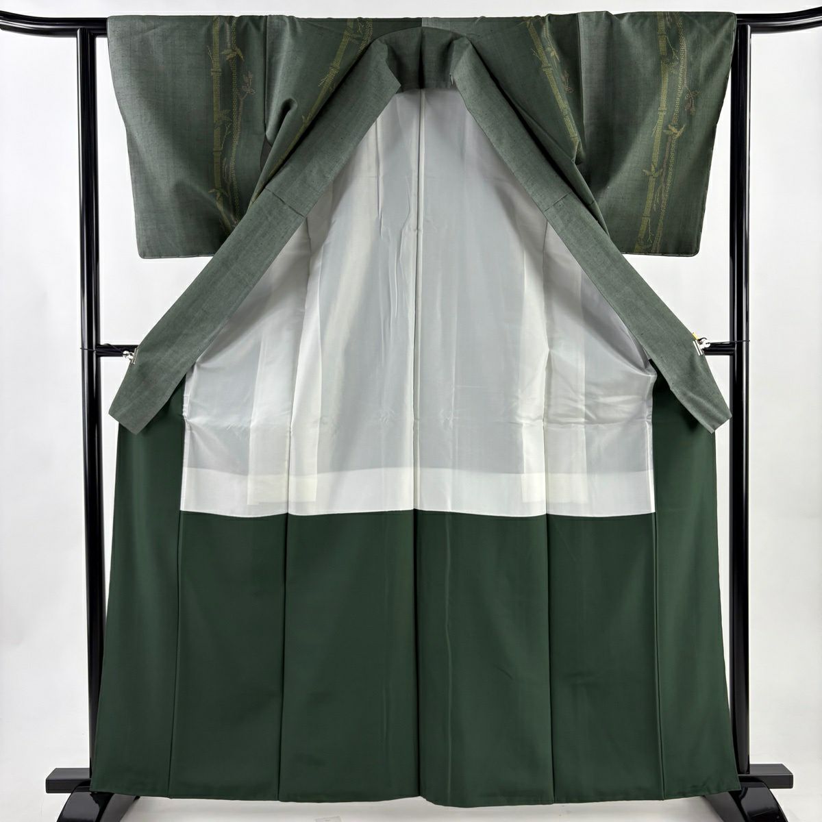 【美品】 紬織 身長163cm 袖長62.5cm S 雙層 證書附帶 竹子 灰綠 純蠶絲 優品級