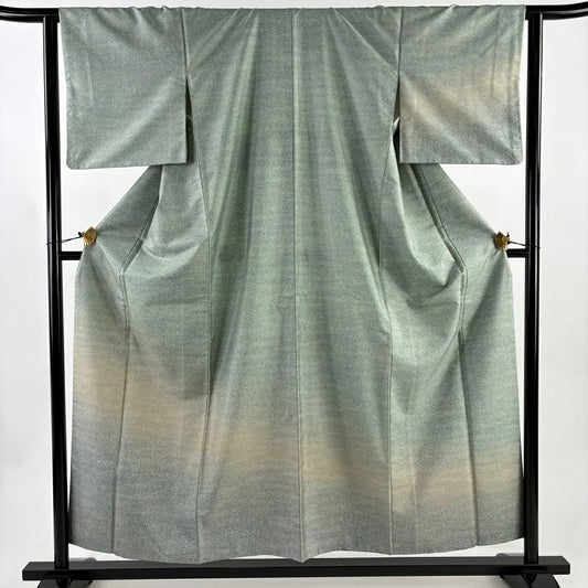 【美品】 付下 身長155.5cm 袖長63cm S 雙層 紬織織 霞 金通 薄綠 純蠶絲 秀品級