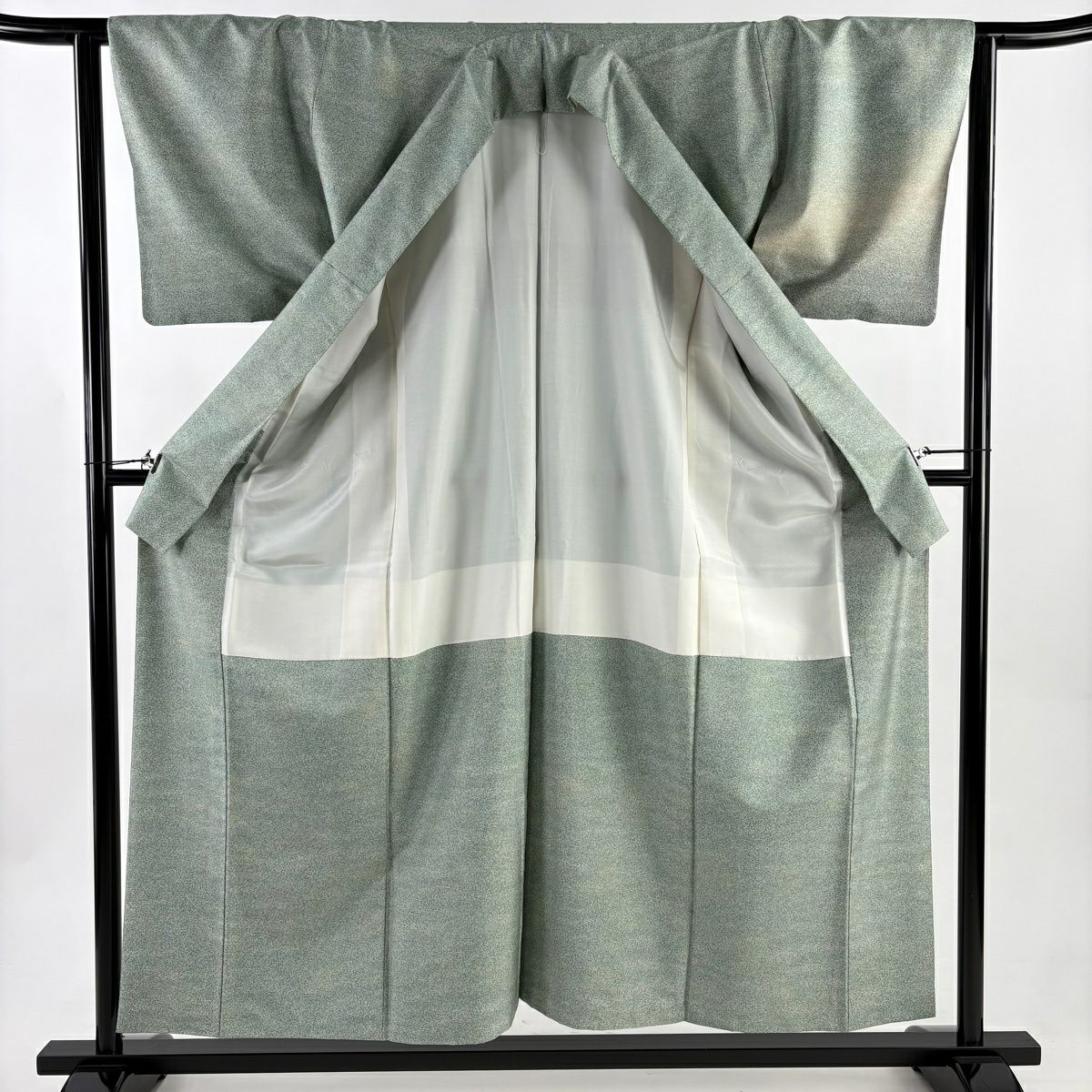 【美品】 付下 身長155.5cm 袖長63cm S 雙層 紬織織 霞 金通 薄綠 純蠶絲 秀品級
