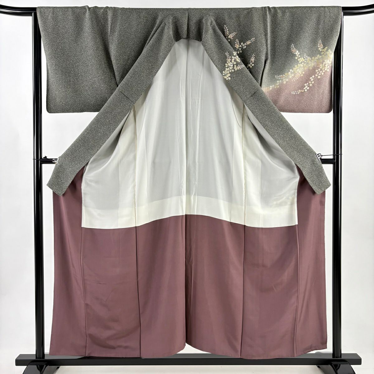 【美品】訪問服 身長156cm 袖長65.5cm M 雙層 鈴乃屋 金銀彩 漸層 染分 灰綠 純蠶絲 秀品級