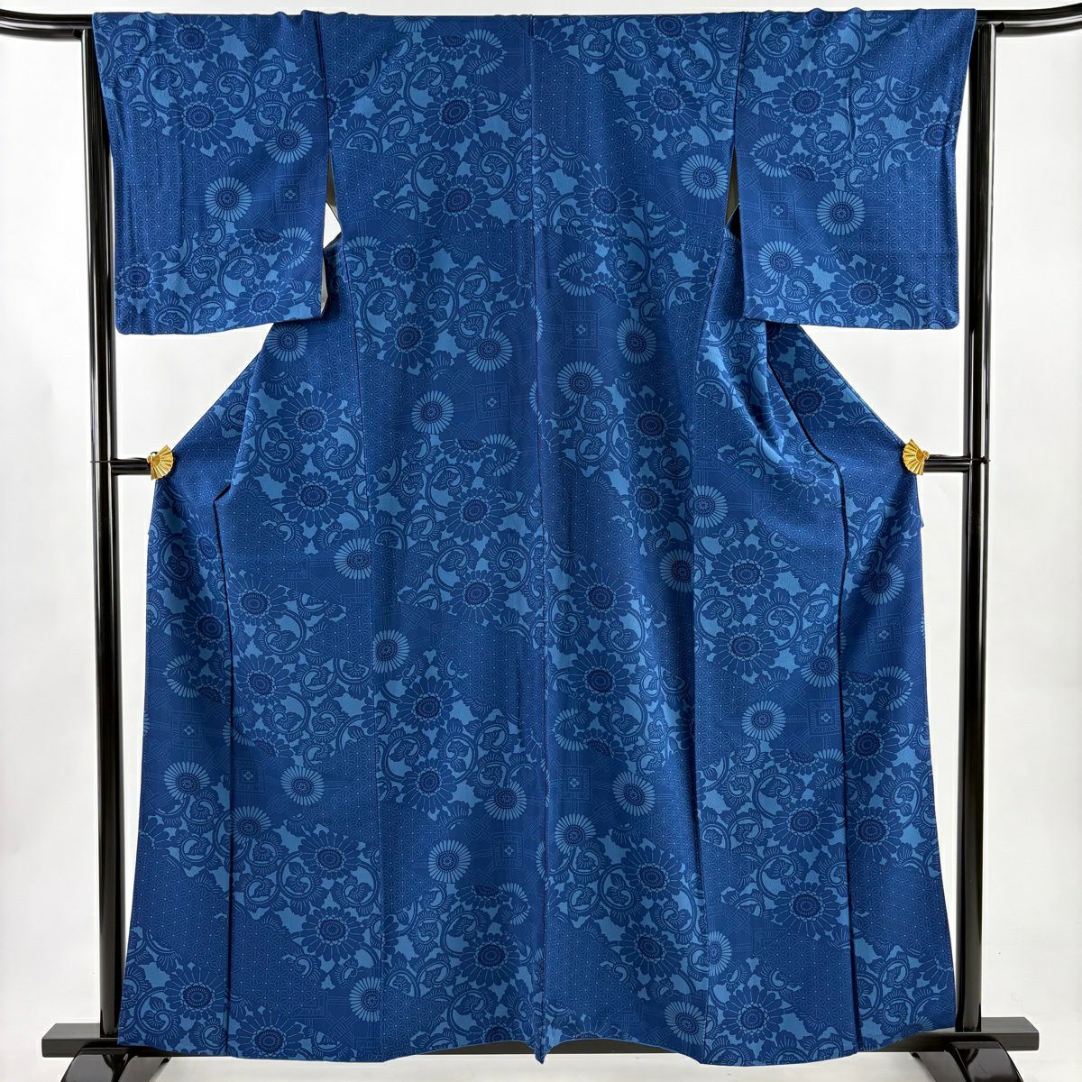 小紋 身長160cm 袖長64cm M 雙層 菊花唐草紋 深藍 純蠶絲 秀品級