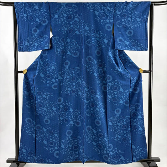 小紋 身長160cm 袖長64cm M 雙層 菊花唐草紋 深藍 純蠶絲 秀品級