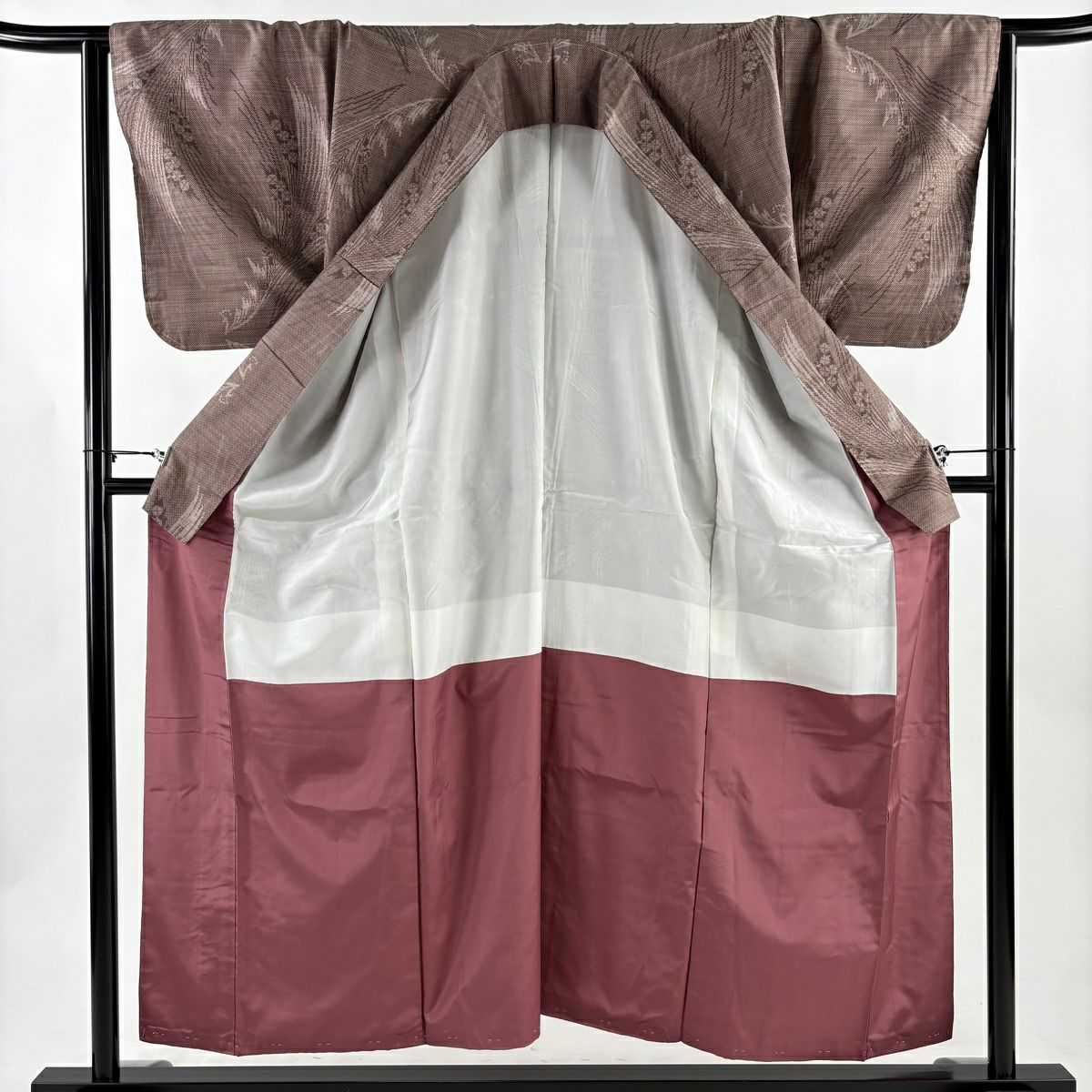 【美品】 大島紬織 身長156cm 袖長65.5cm M 雙層 證書齊全 孔雀 薄小豆 純蠶絲 優品級