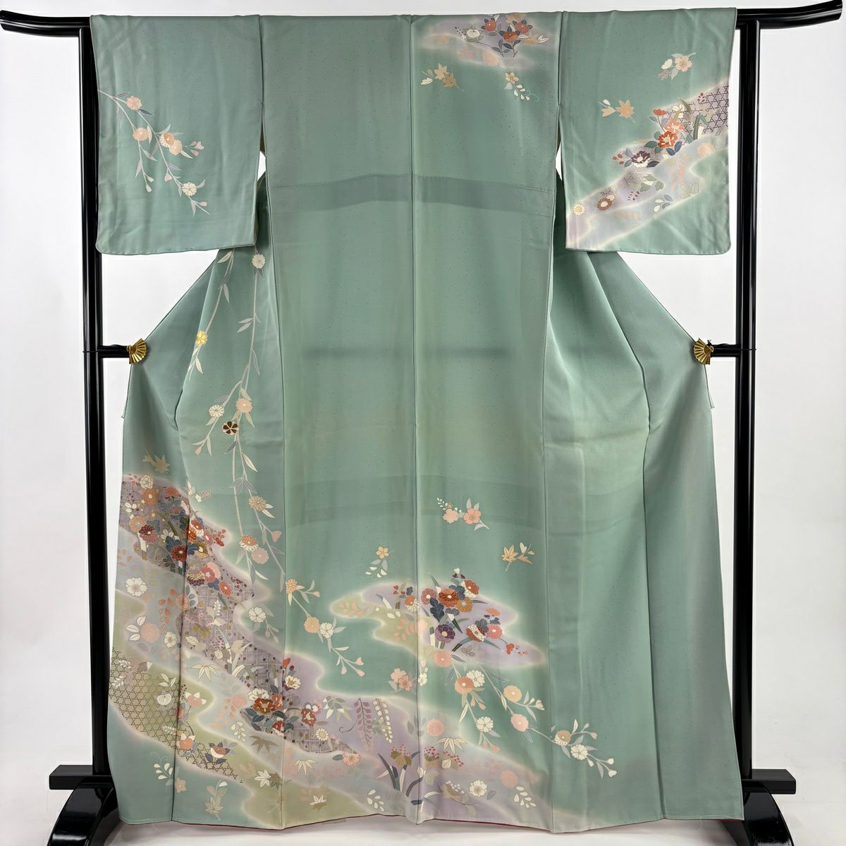 訪問服 身長166cm 袖長63.5cm S 雙層 草花紋紋 流水 金絲 金銀彩 淺綠 純蠶絲 優品級