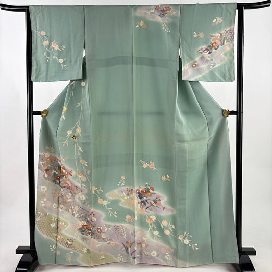 訪問服 身長166cm 袖長63.5cm S 雙層 草花紋紋 流水 金絲 金銀彩 淺綠 純蠶絲 優品級