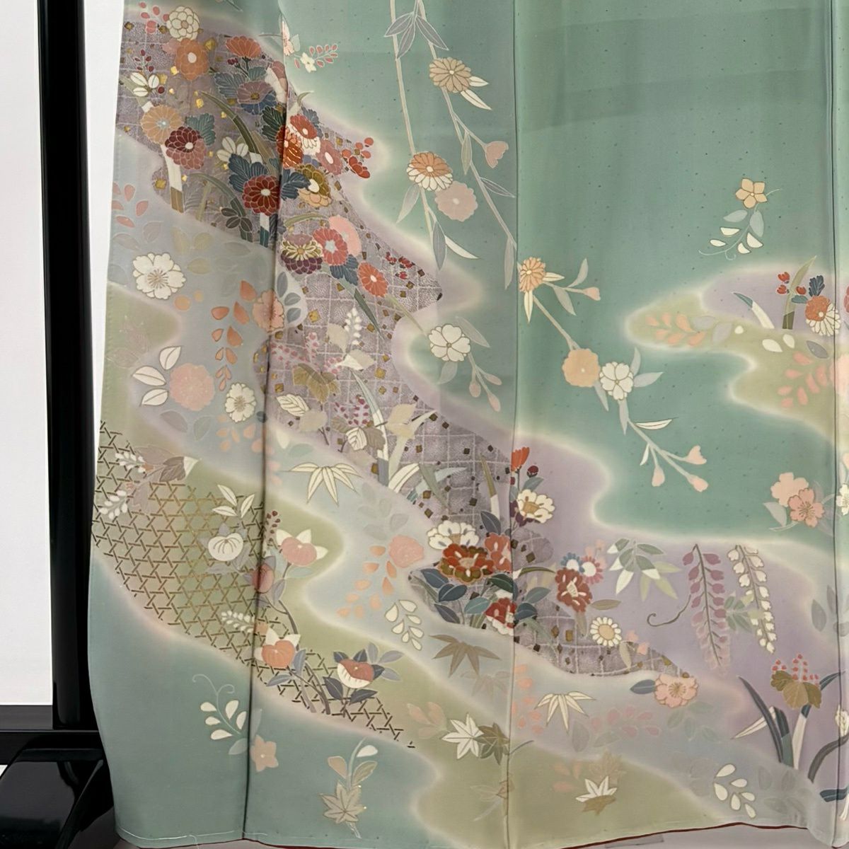 訪問服 身長166cm 袖長63.5cm S 雙層 草花紋紋 流水 金絲 金銀彩 淺綠 純蠶絲 優品級