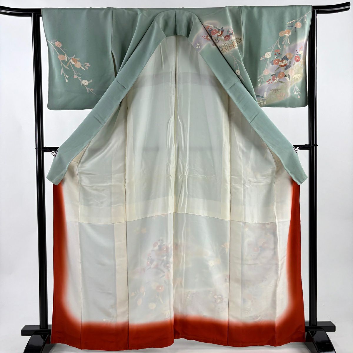 訪問服 身長166cm 袖長63.5cm S 雙層 草花紋紋 流水 金絲 金銀彩 淺綠 純蠶絲 優品級