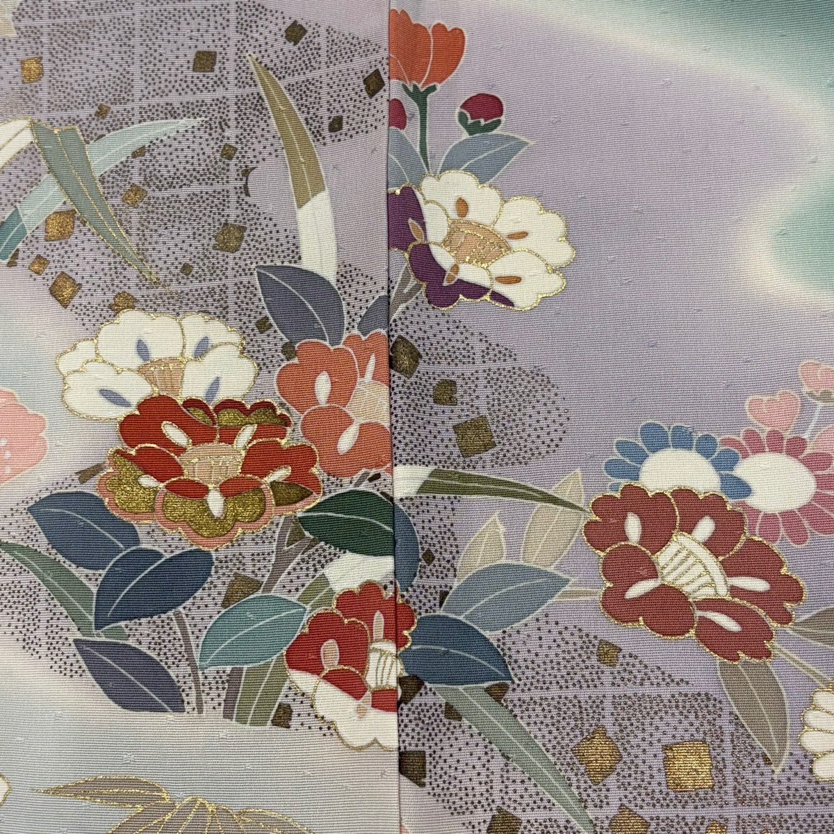 訪問服 身長166cm 袖長63.5cm S 雙層 草花紋紋 流水 金絲 金銀彩 淺綠 純蠶絲 優品級