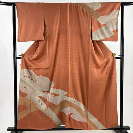 訪問服 身長158.5cm 袖長63cm S 雙層 花鳥 雲文 刺繡 金銀彩 紅茶 純蠶絲 秀品級