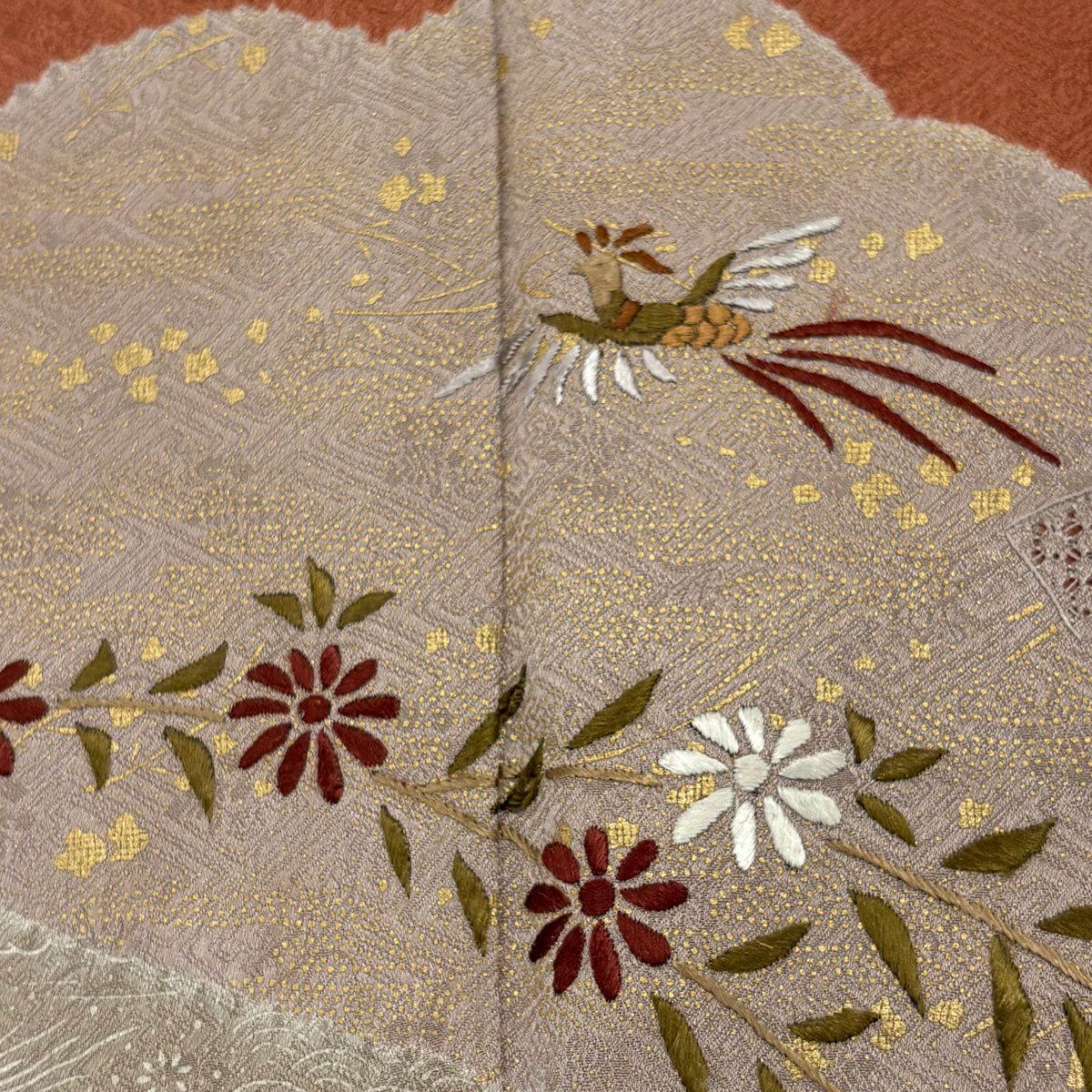 訪問服 身長158.5cm 袖長63cm S 雙層 花鳥 雲文 刺繡 金銀彩 紅茶 純蠶絲 秀品級