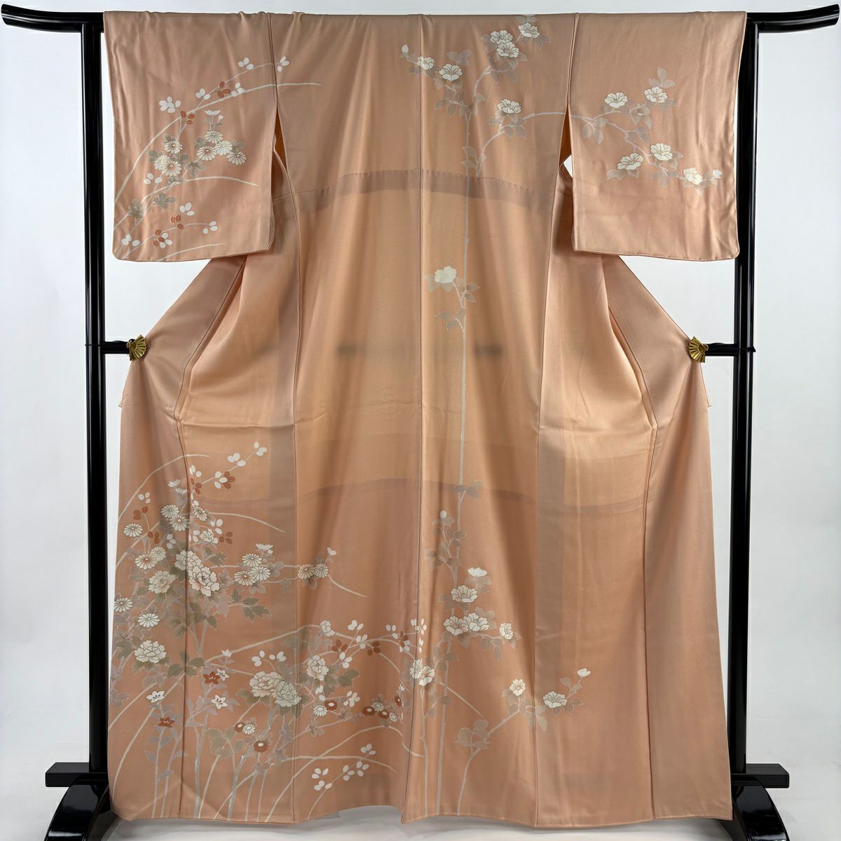 訪問服 身長166.5cm 袖長64cm M 雙層 牡丹 秋草 金絲 金銀彩 淺橙色 純蠶絲 優品級