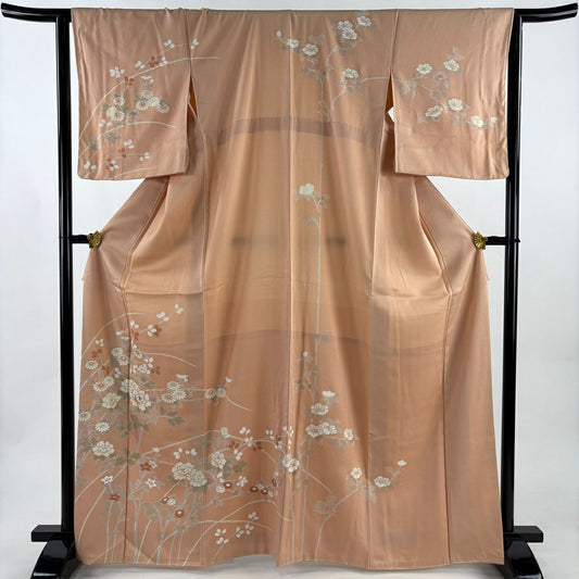 訪問服 身長166.5cm 袖長64cm M 雙層 牡丹 秋草 金絲 金銀彩 淺橙色 純蠶絲 優品級