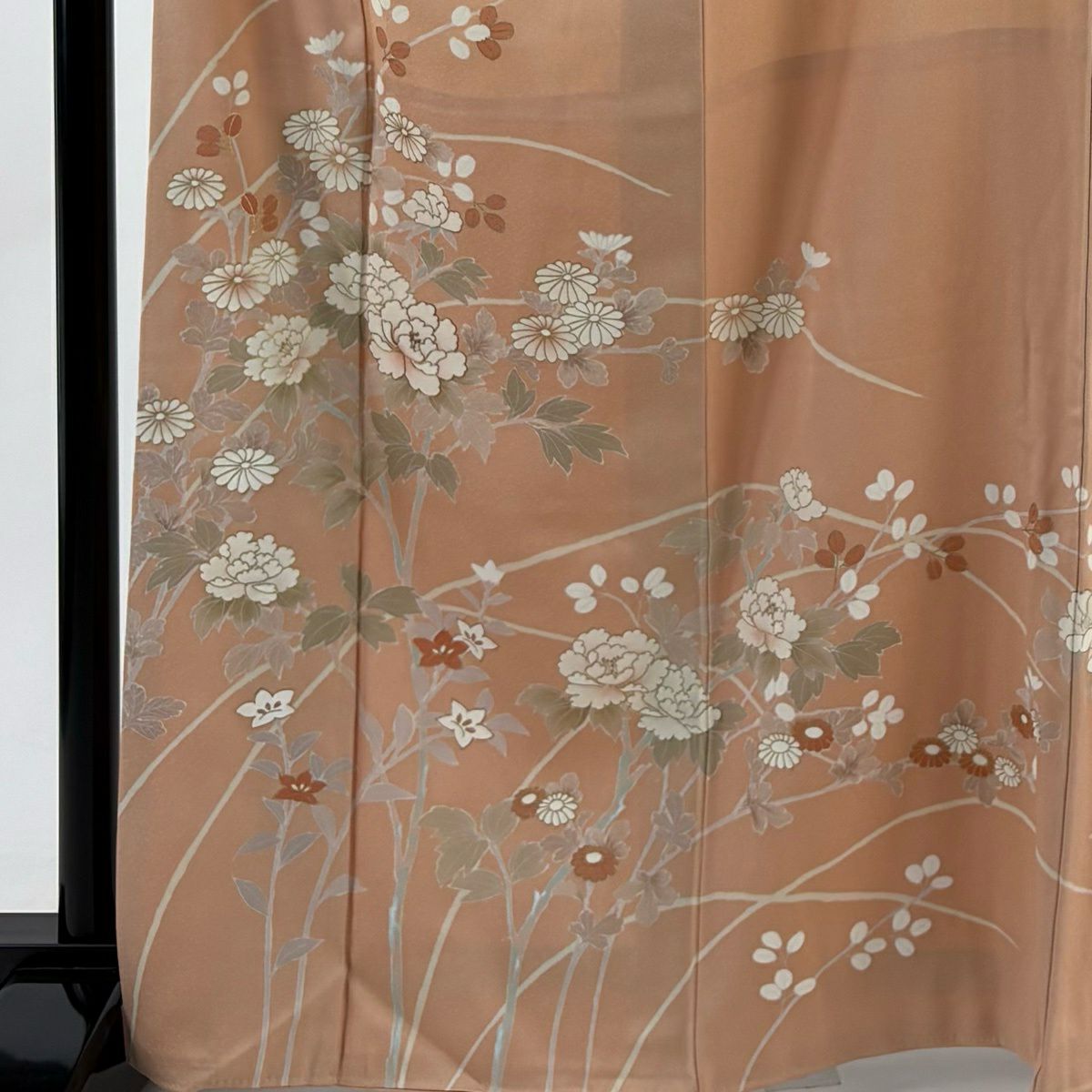 訪問服 身長166.5cm 袖長64cm M 雙層 牡丹 秋草 金絲 金銀彩 淺橙色 純蠶絲 優品級