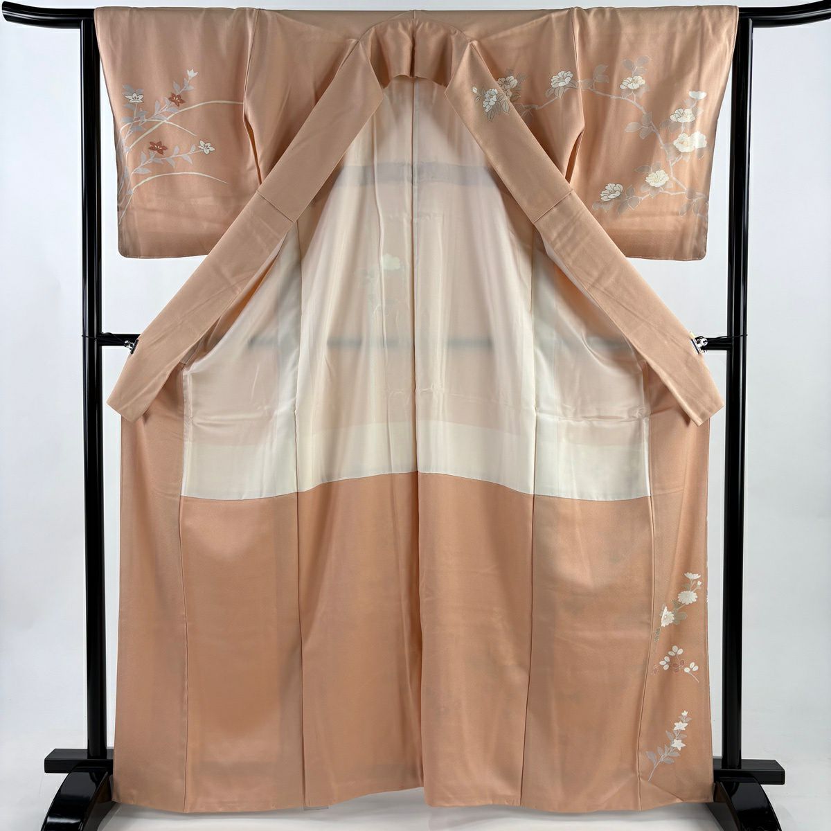 訪問服 身長166.5cm 袖長64cm M 雙層 牡丹 秋草 金絲 金銀彩 淺橙色 純蠶絲 優品級