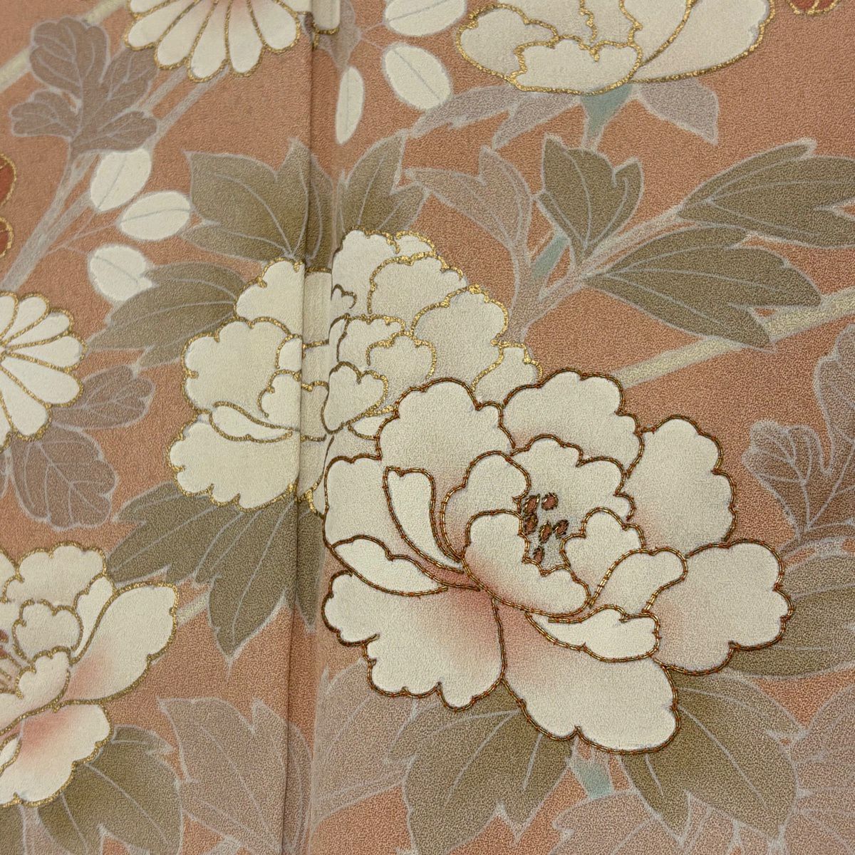 訪問服 身長166.5cm 袖長64cm M 雙層 牡丹 秋草 金絲 金銀彩 淺橙色 純蠶絲 優品級