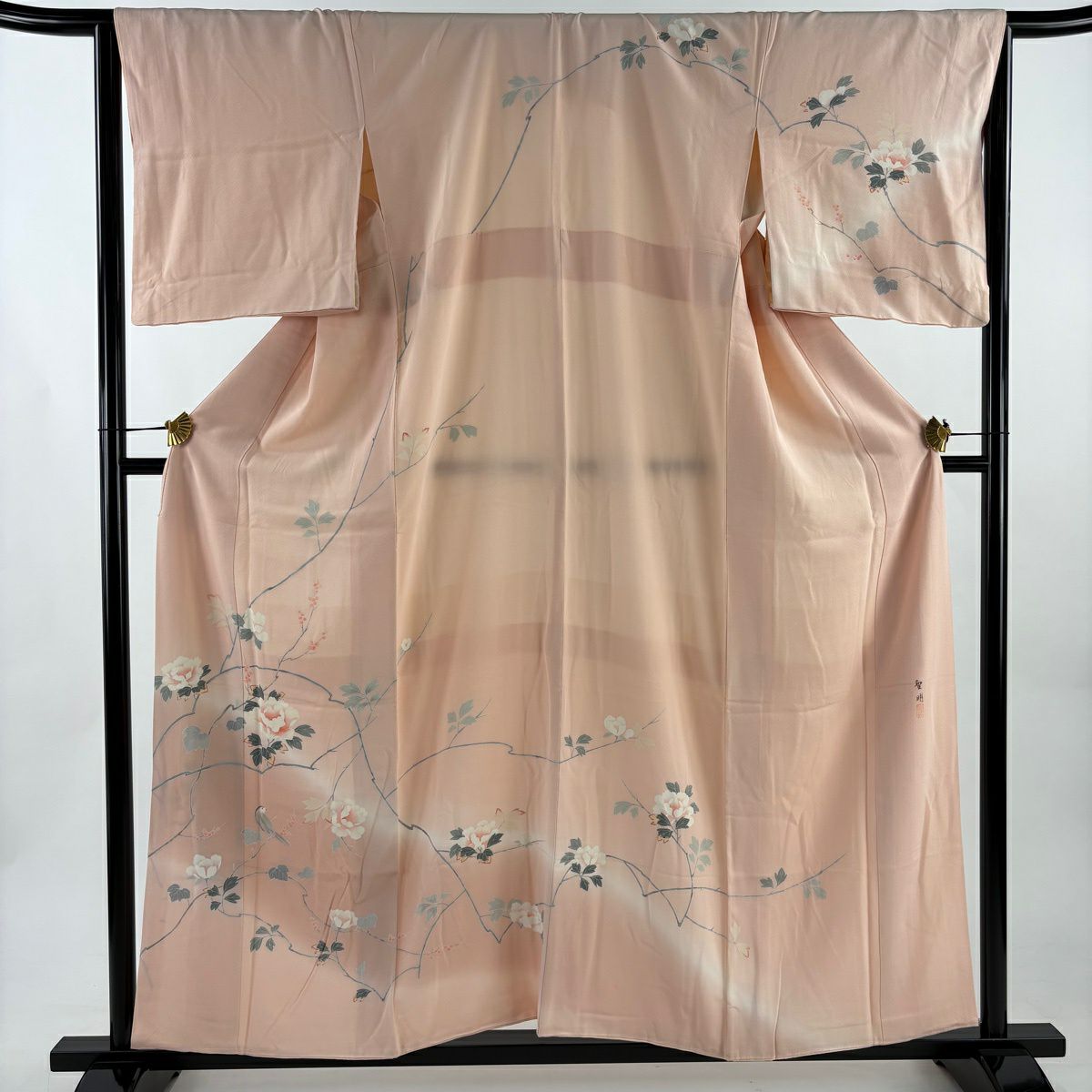 訪問服 身長159cm 袖長65cm M 雙層 落款有 牡丹 葉與果 薄染 薄粉色 純蠶絲 優品級