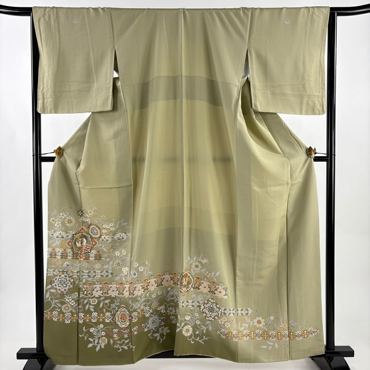 色留袖禮服 身長161.5cm 袖長66cm M 雙層 華紋 花鳥 金絲 金銀彩 灰綠 純蠶絲 秀品級 三つ紋