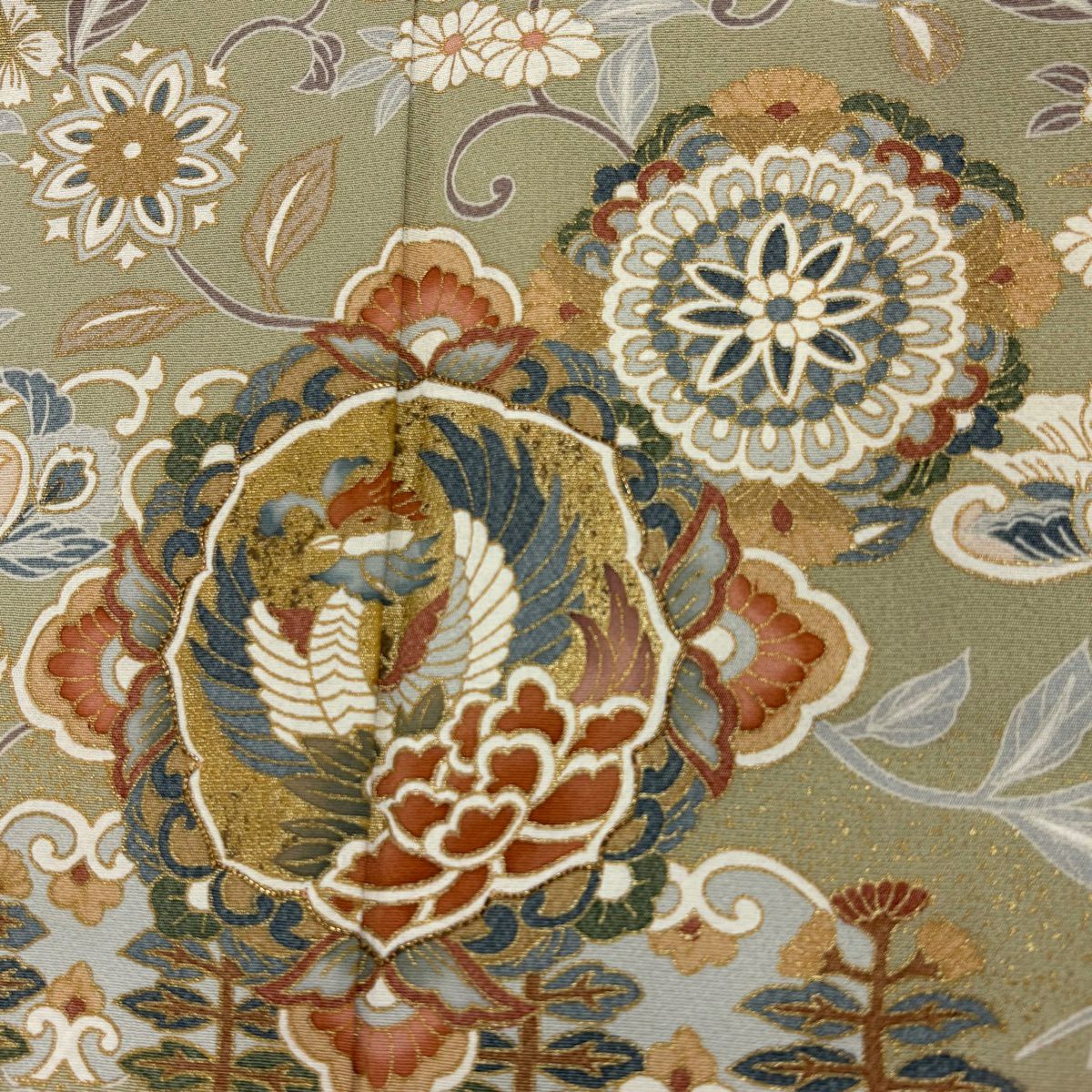 色留袖禮服 身長161.5cm 袖長66cm M 雙層 華紋 花鳥 金絲 金銀彩 灰綠 純蠶絲 秀品級 三つ紋