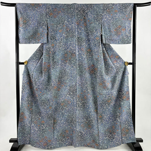 【美品】 小紋 身長164.5cm 袖長65cm M 雙層 草花紋紋 松樹皮菱 漸層 青灰色 純蠶絲 優品級