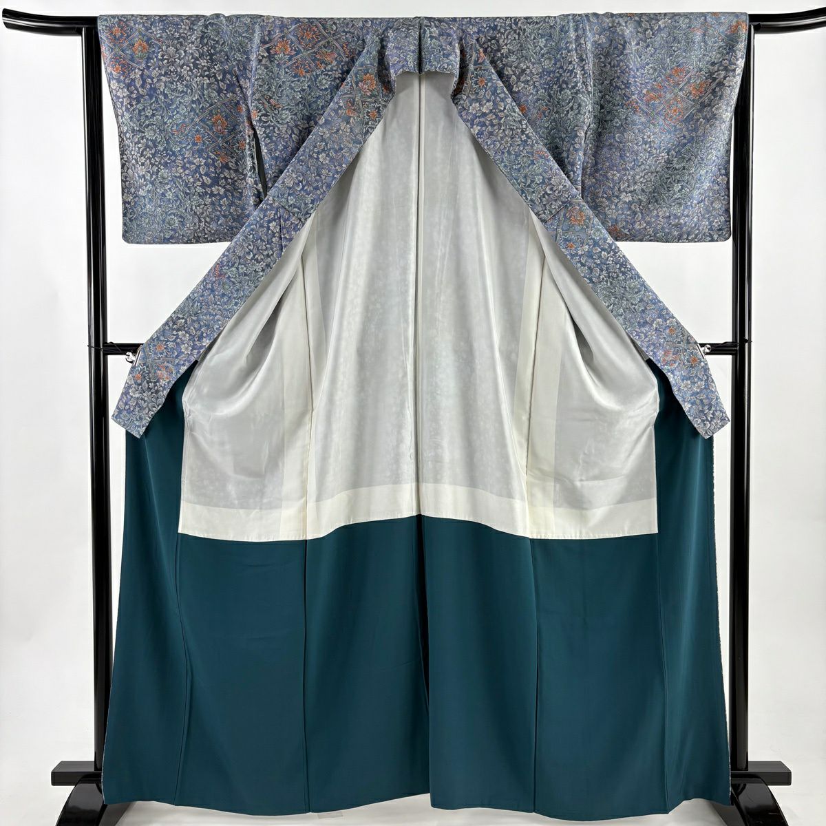【美品】 小紋 身長164.5cm 袖長65cm M 雙層 草花紋紋 松樹皮菱 漸層 青灰色 純蠶絲 優品級