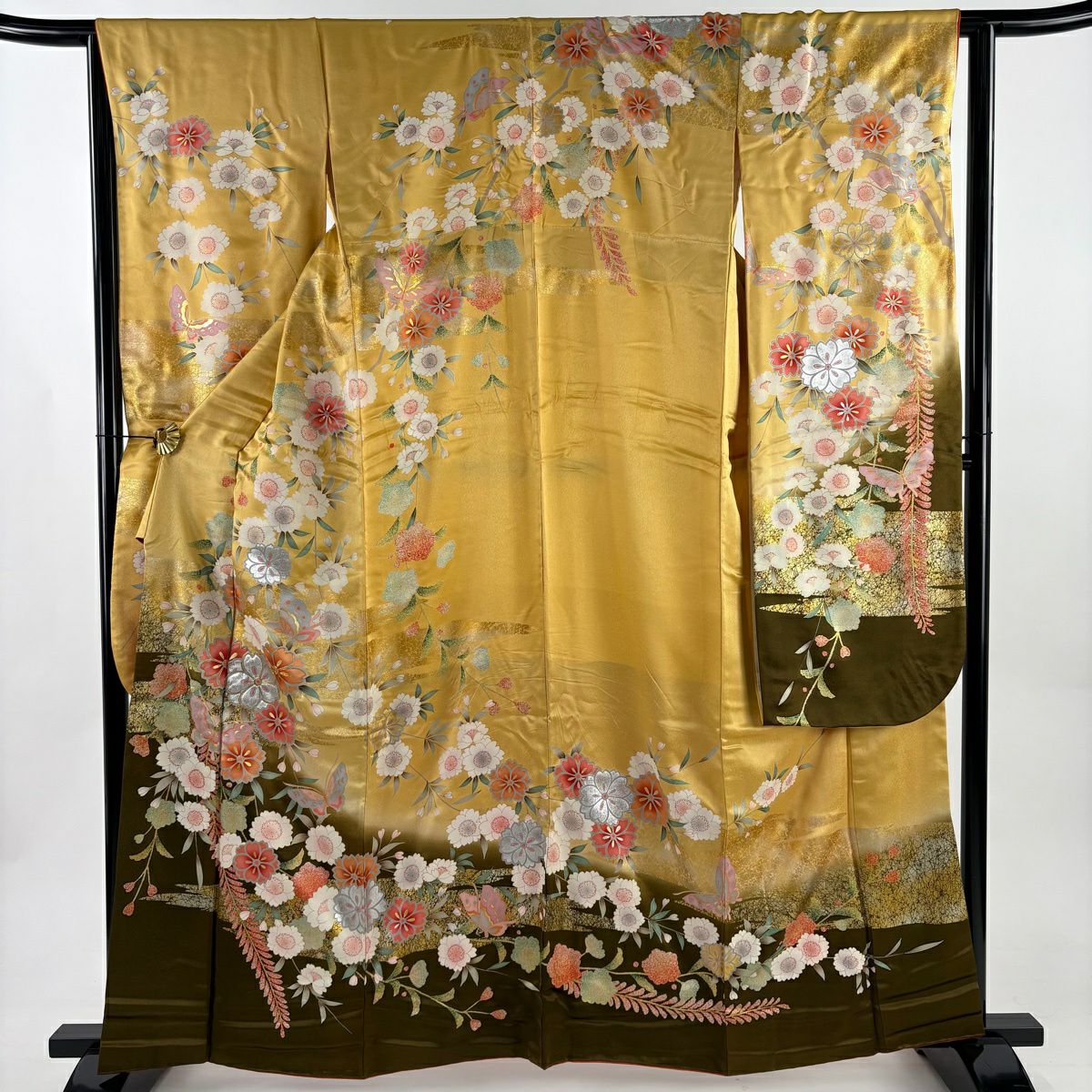 振袖禮服 身長160.5cm 袖長64.5cm M 雙層 枝垂櫻 蝴蝶 金絲 金銀彩 山吹 純蠶絲 優品級