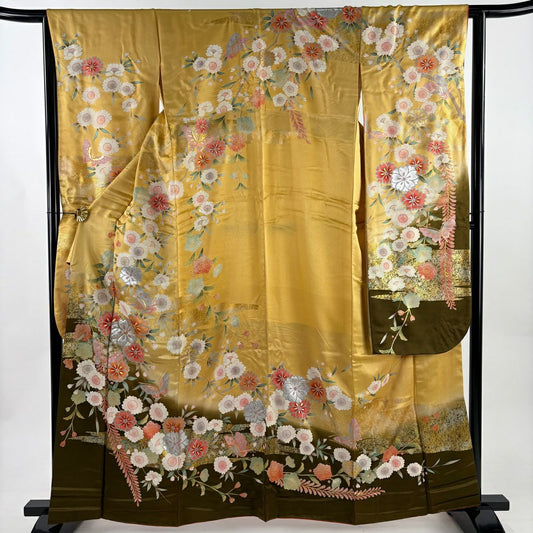 振袖禮服 身長160.5cm 袖長64.5cm M 雙層 枝垂櫻 蝴蝶 金絲 金銀彩 山吹 純蠶絲 優品級