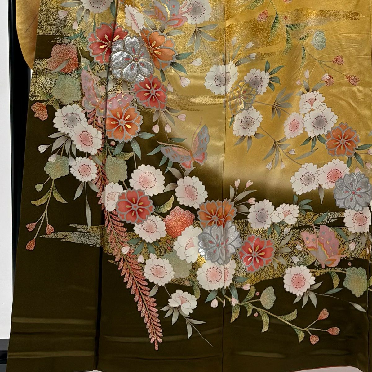 振袖禮服 身長160.5cm 袖長64.5cm M 雙層 枝垂櫻 蝴蝶 金絲 金銀彩 山吹 純蠶絲 優品級
