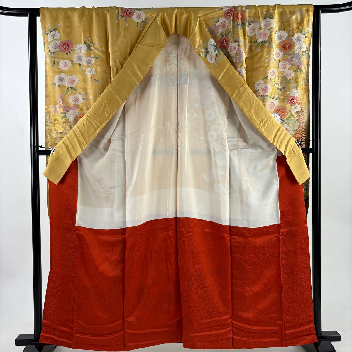 振袖禮服 身長160.5cm 袖長64.5cm M 雙層 枝垂櫻 蝴蝶 金絲 金銀彩 山吹 純蠶絲 優品級